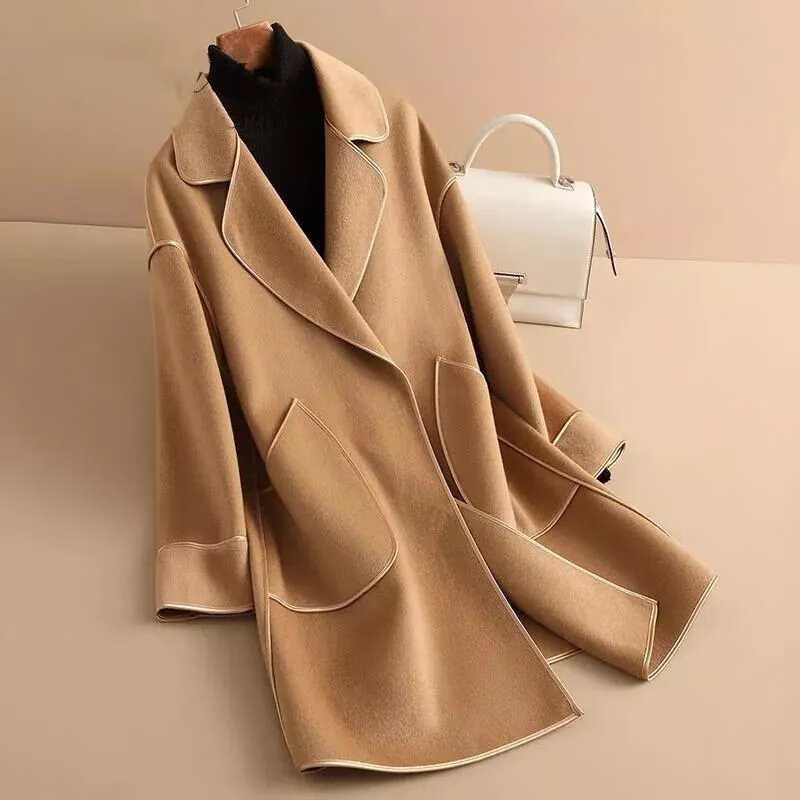 吖喵高端龙凤呢外套小个子年秋冬季西装领双面呢料大衣女6067 金驼色