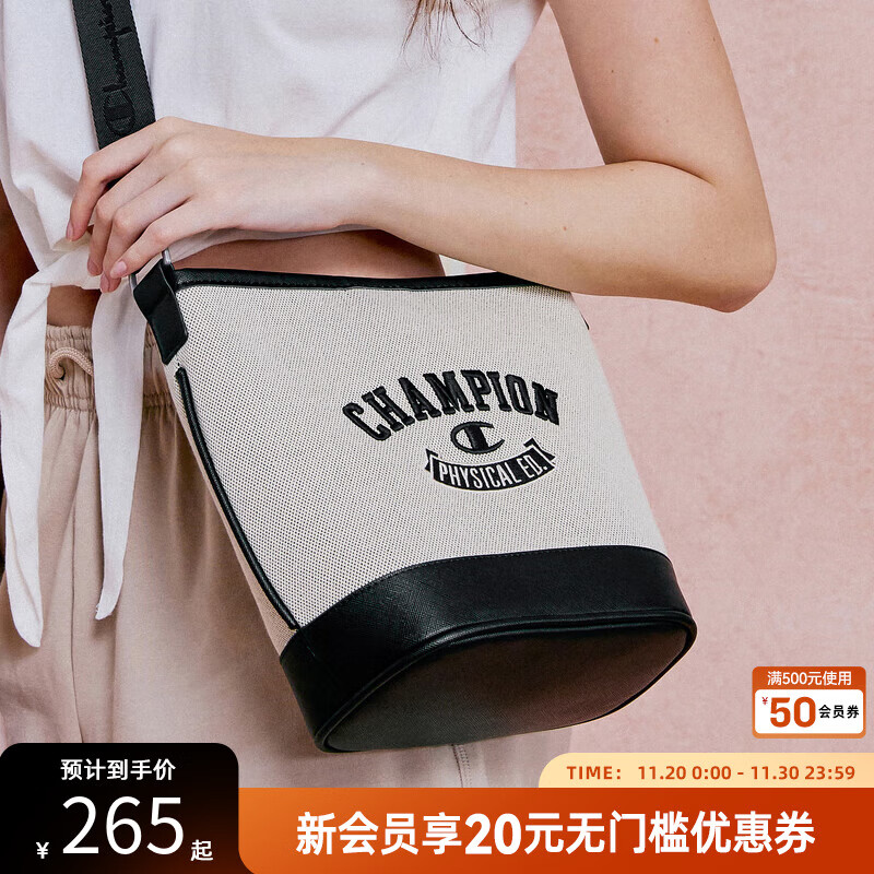 Champion冠军2025年夏季新款单肩包校队水桶包男女情侣休闲斜挎包 黑色 均码