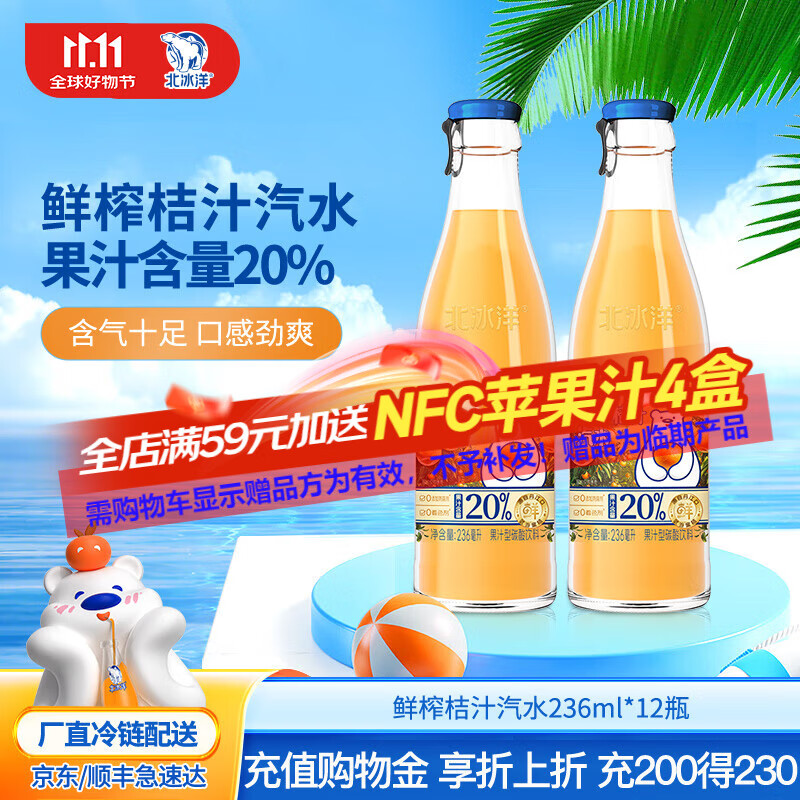 北冰洋北京玻璃瓶果汁碳酸饮料 鲜榨20%含量果汁桔汁汽水 236ml×12瓶