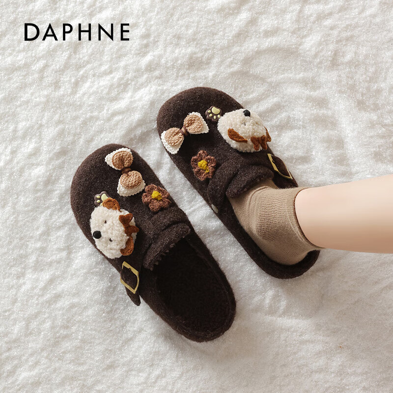 达芙妮加绒勃肯鞋2025新冬季冬加绒卡通穆勒鞋勃肯半拖鞋懒人一脚蹬棉拖 咖色 【卡通装饰】 38