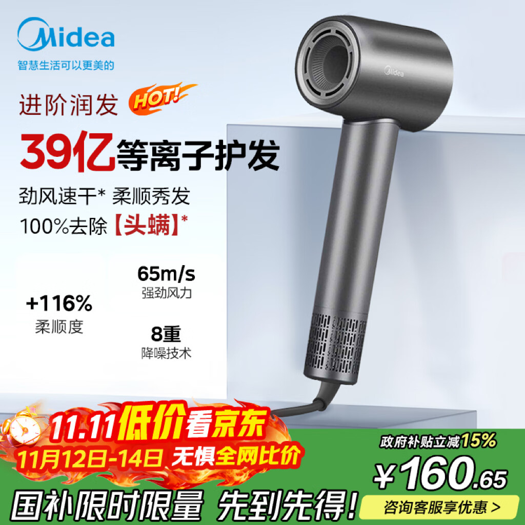 美的（Midea）高速吹风机 39亿等离子护发 家用负离子吹风筒 杀菌除头螨电吹风FG208灰 国家补贴 节日/生日礼物
