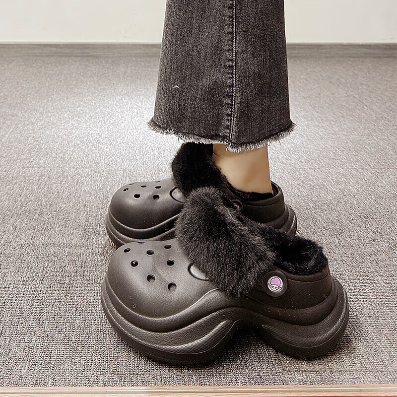 仙女风松糕厚底棉鞋女冬季防水外穿可爱超时尚包跟加绒防滑棉拖鞋 黑色 35