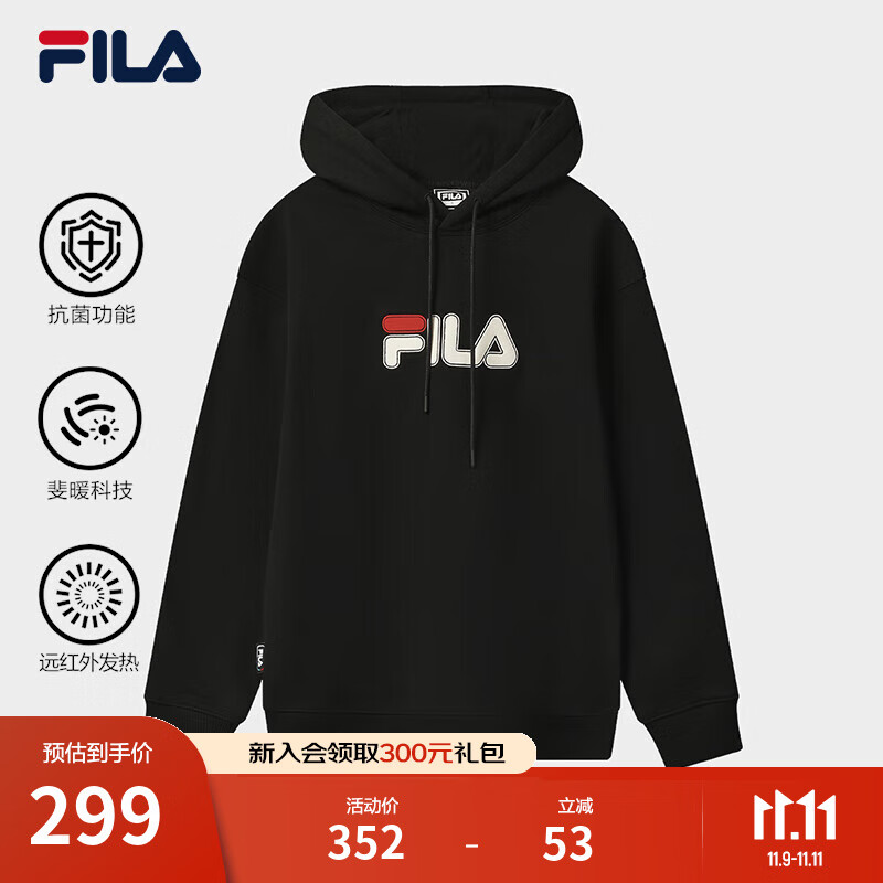 FILA 斐乐情侣款男女连帽卫衣2025冬季新款休闲宽松加绒保暖长袖上衣 【加绒款】正黑色-BK L 175/96A/L