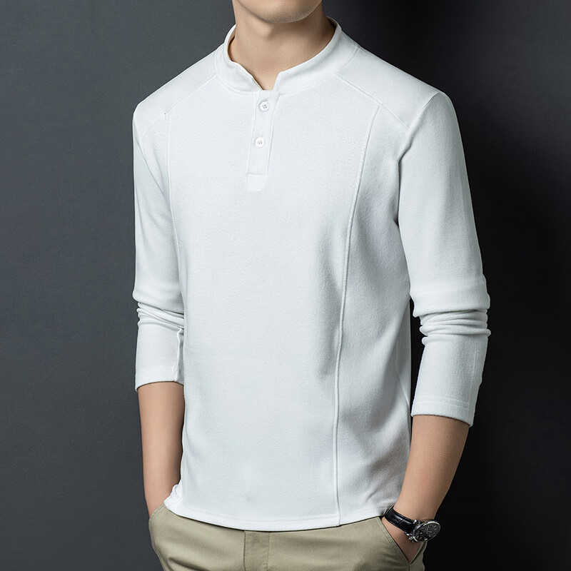 冬季新款长袖T恤男士立领加绒打底衫修身商务休闲保暖卫衣男 白色 XL 【135-150斤】