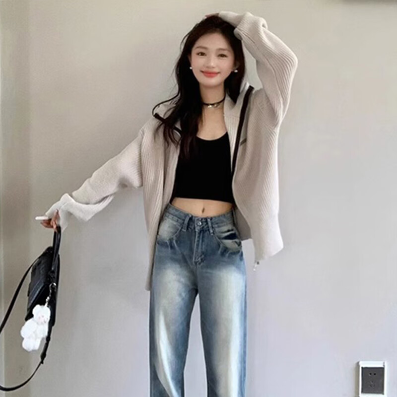 相伊恋人针织衫女秋冬2025新款开衫外套可外穿宽松显瘦拉链毛衣小香风上衣 米灰色【韩系复古抗起球】 均码 【适合80-140斤】