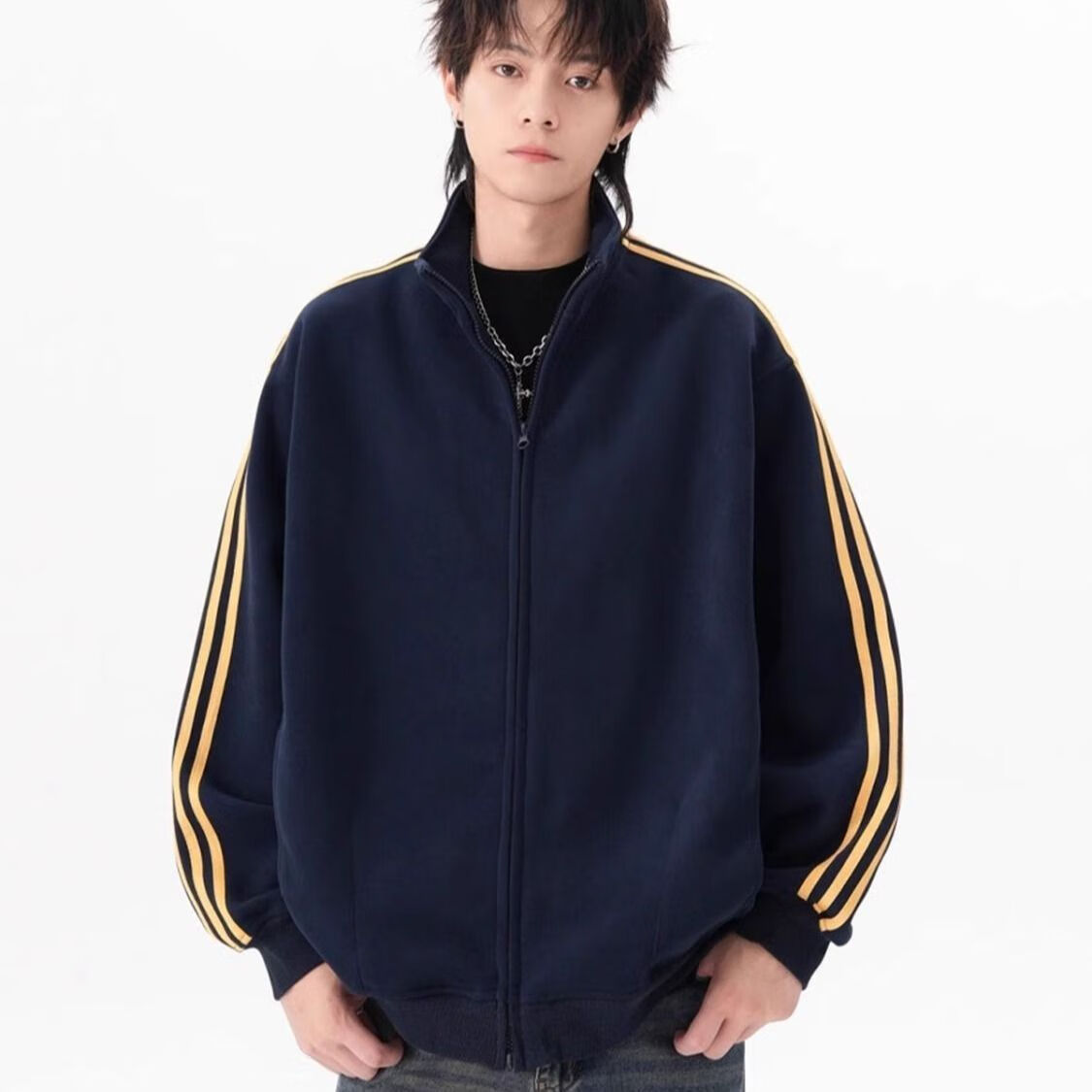 东馨鸟潮牌三条复古开衫卫衣秋季美式立领条纹夹克外套宽松情侣拉链上衣 藏青色（三杠外套） 3XL