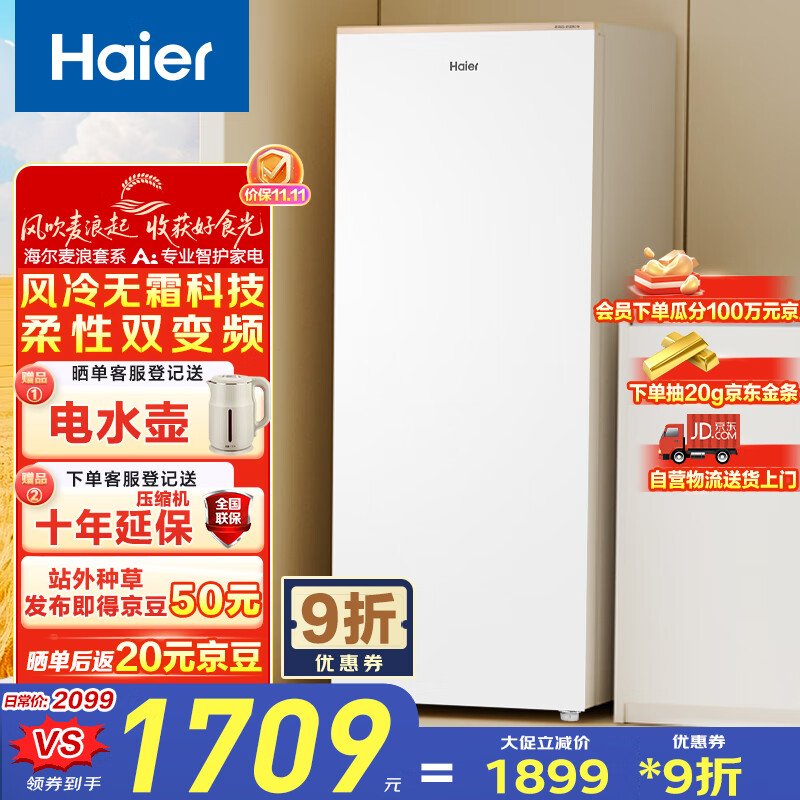 海尔（Haier）【麦浪套系】180升风冷无霜立式小冰柜家用冷藏柜冷冻柜两用小型冰箱冷柜BD-180WGHDGWF国家补贴
