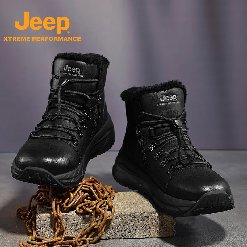JEEP吉普雪地靴男款冬季加绒保暖棉鞋男士加厚防滑防水户外徒步登山鞋 黑色 39 (245mm) 标准运动尺码