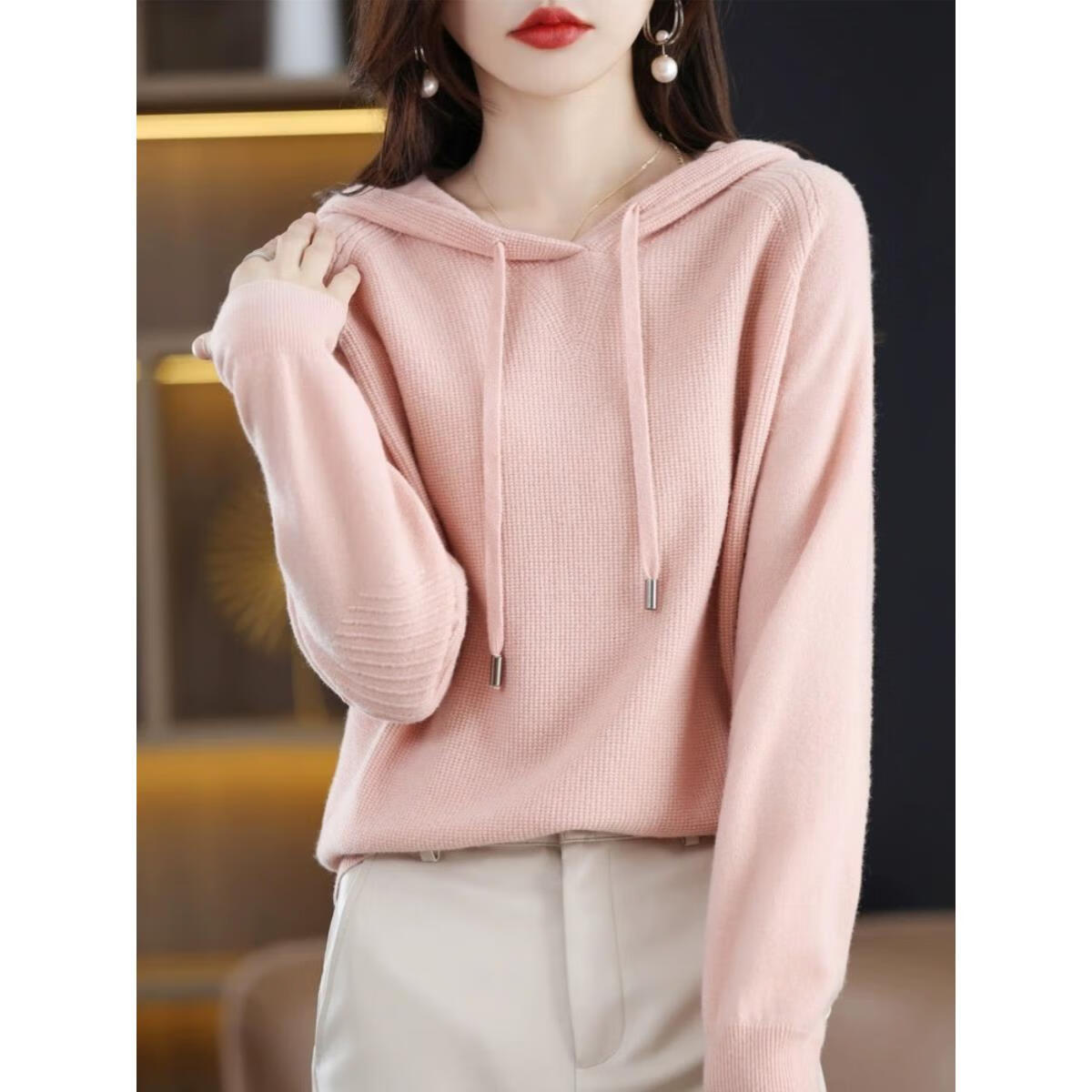 EMZ鄂尔多斯2025年春秋冬新款秋冬季带帽羊毛衫女士毛衣宽松连帽针织 中国红 中国红 S