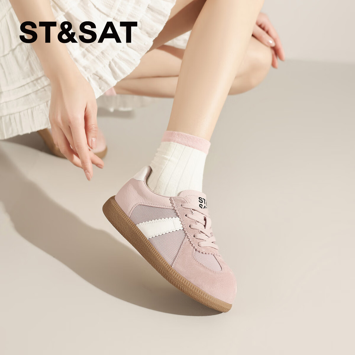 星期六(St&Sat)复古百搭时尚厚底德训鞋2025秋季新款运动跑步鞋休闲女鞋轻奢鞋子 粉红色 35