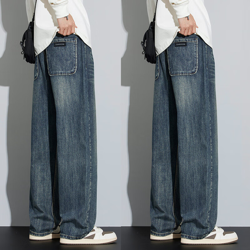 以纯（YISHion）春秋季薄款复古宽松直筒牛仔裤男士2025新款美式阔腿休闲长裤子男 复古蓝+复古蓝【2条装】 28 建议85-95斤