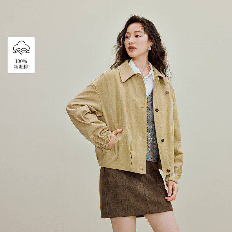 茵曼（INMAN）2026春季女装新款100棉复古休闲收褶短款外套落肩宽松上衣 浅卡其 L 168-172cm /121-130斤