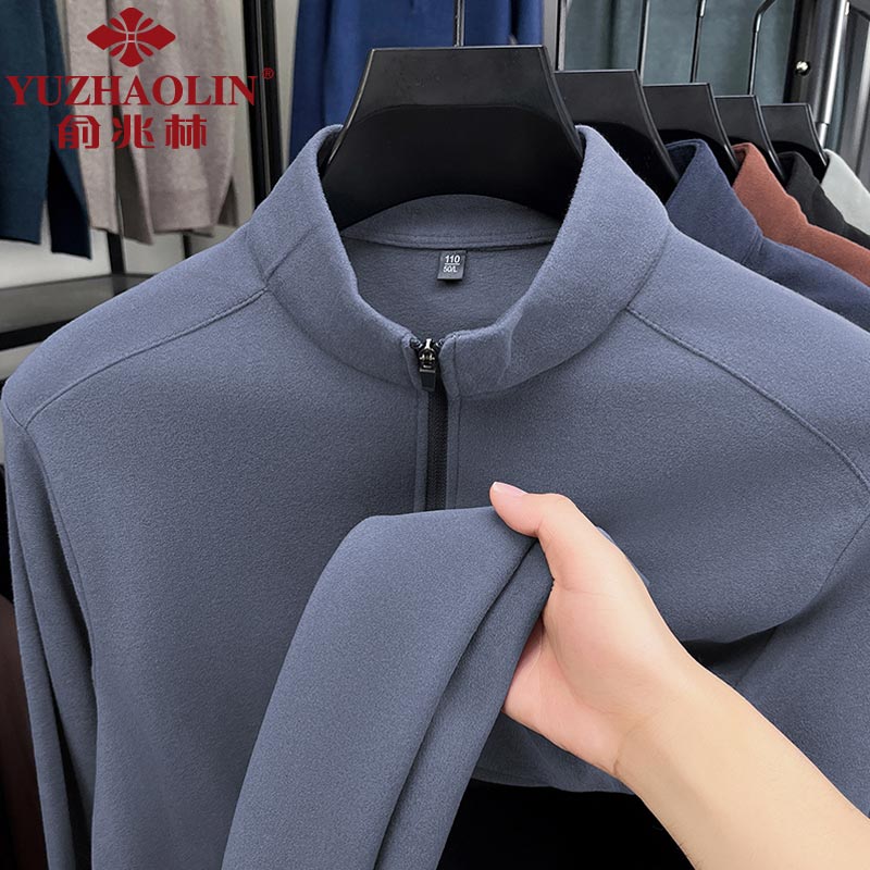 俞兆林（YUZHAOLIN）男士德绒长袖t恤秋冬季保暖半拉链打底衫中青年半高领体恤衫潮流 豆绿色 2XL （建议155到170斤穿）