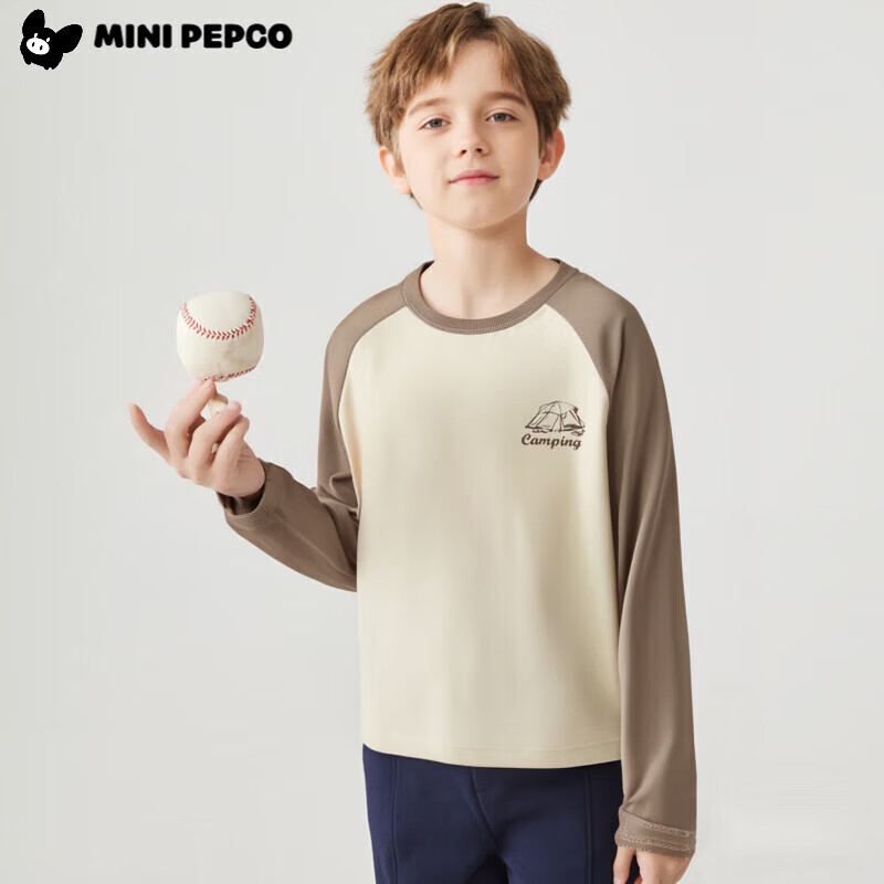 小猪班纳（PEPCO）【7A抗菌】儿童印花长袖T恤插肩韩版春秋童装宝宝圆领打底衫 Camping浅棕/米白 男 120 建议身高100-110cm