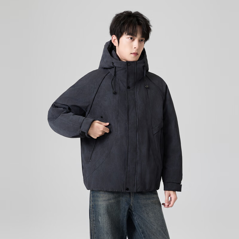 快鱼厚短款羽绒服男2025新款冬季立领连帽男士外套工装风时尚潮流上衣 黑色 XL