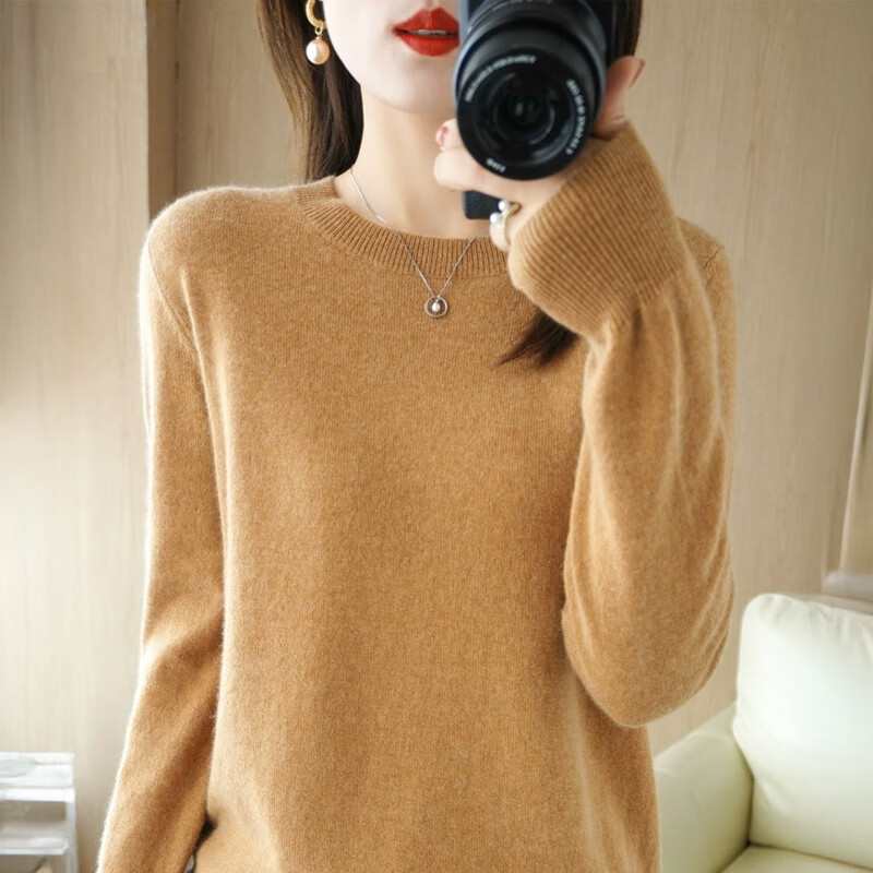 鄂尔多斯市女V领宽松针织打底衫内搭上衣秋冬 金驼 圆领 M  体重（70 110斤）