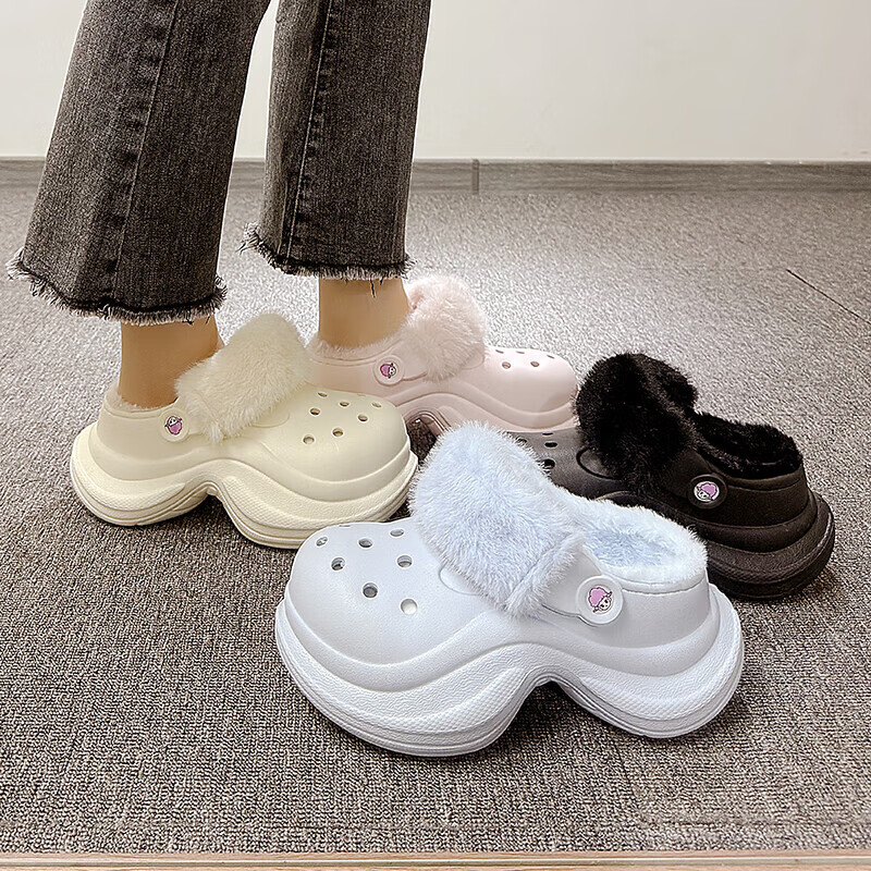 仙女风松糕厚底棉鞋女冬季防水外穿可爱超时尚包跟加绒防滑棉拖鞋 黑色 35