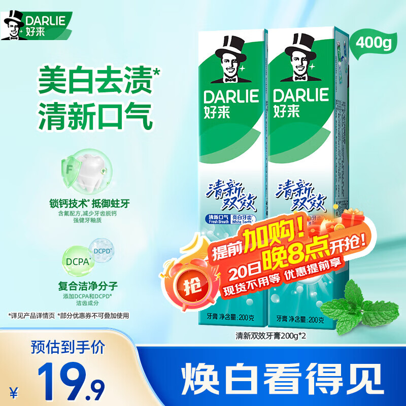 DARLIE好来(原黑人)清新双效牙膏去口气去渍固齿2支400g