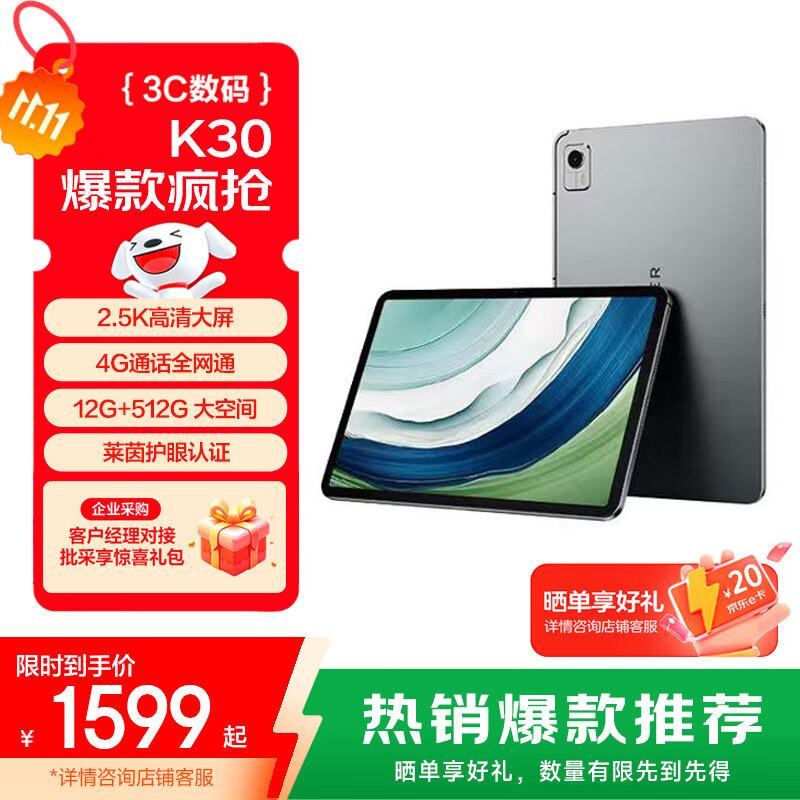 联想（Lenovo）生态品牌 异能者K30 12.6英寸 4G通话全网通2.5K平板电脑 游戏TUV爱眼节能 12G+512G 太空灰4G版