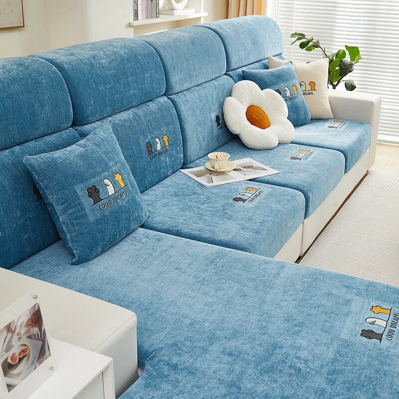 无印良品沙发套罩四季通用全包防滑沙发笠简约防猫抓保护套万能沙发套通用 四季雪尼尔-萌动-湖蓝【全包防尘防滑 高弹不变形】 加大S码【宽65-85cm*长65-85cm*高5-20cm】