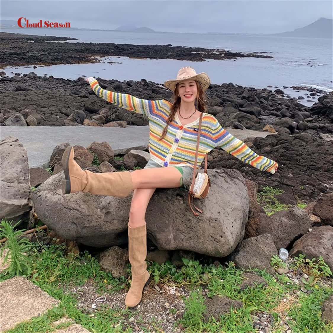 CLOUD SEASON花朵条纹针织开衫女薄款新款镂空高级感外搭长袖外套针织衫上衣 花色 均码  【韩系氛围感】