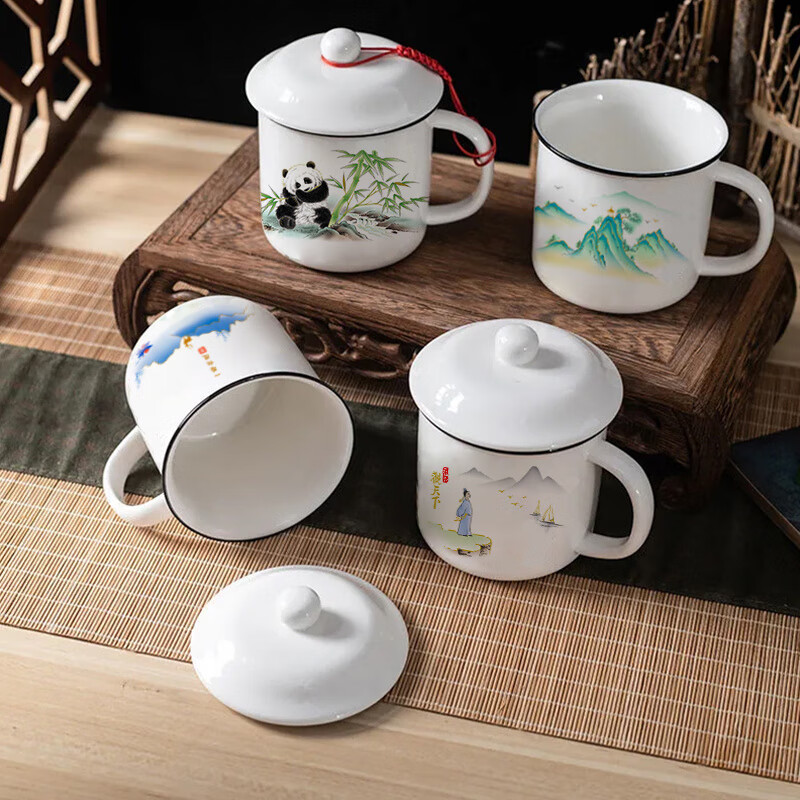 搪瓷杯怀旧大容量茶缸陶瓷水杯马克杯个性创意办公 一帆风顺【仿搪瓷杯+盖】 约450ml