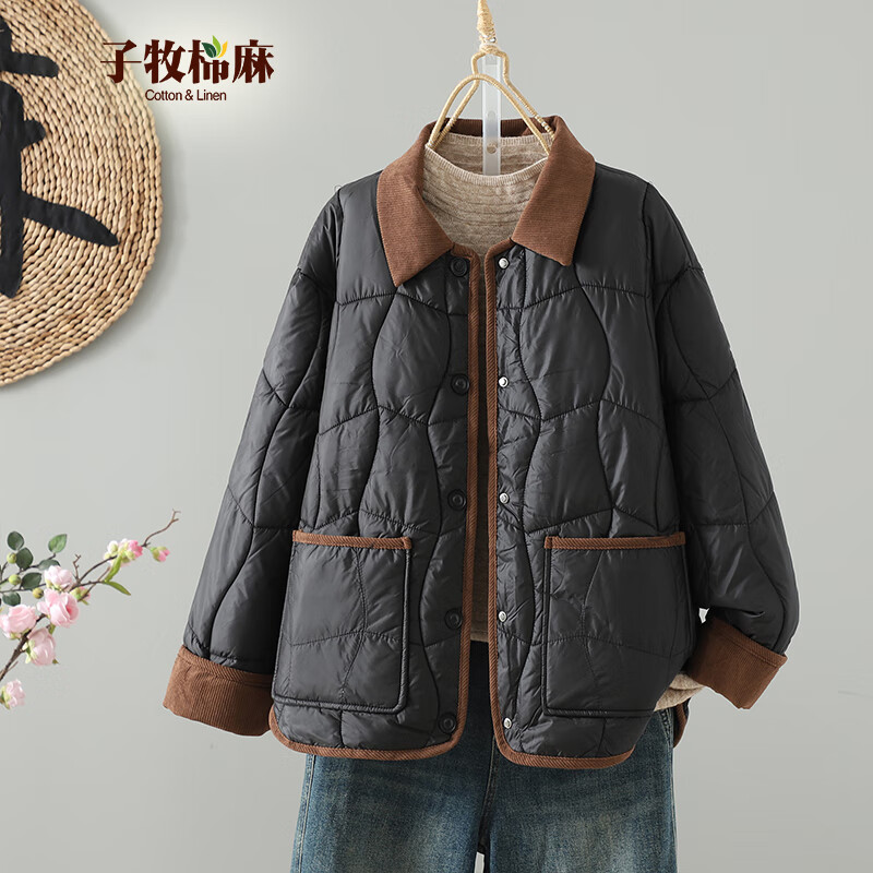 子牧棉麻冬装 女韩版棉服翻领开衫棉袄宽松加厚显瘦棉衣外套9515 黑色 M (建议95-115斤)