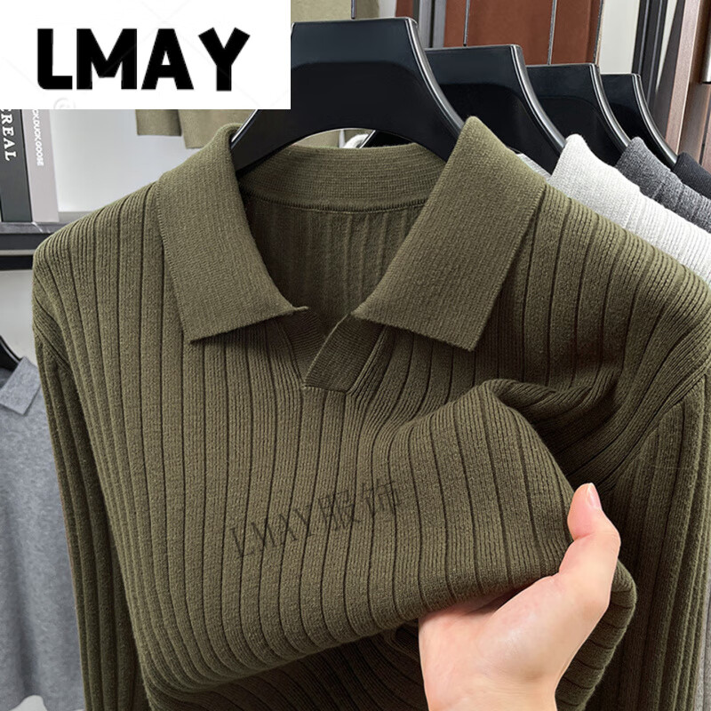 LMAY琛南优选男装2025秋冬新款海鸥领针织衫毛衣男士翻领毛衫长袖.t恤 军绿色 3XL (建议160-180斤)