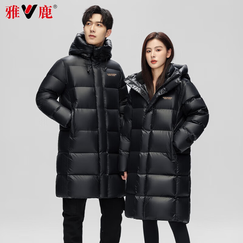 雅鹿【鹅绒泡芙】长款鹅绒羽绒服女冬季连帽加厚极寒男女同款外套 【鹅绒】黑色女款 M /170