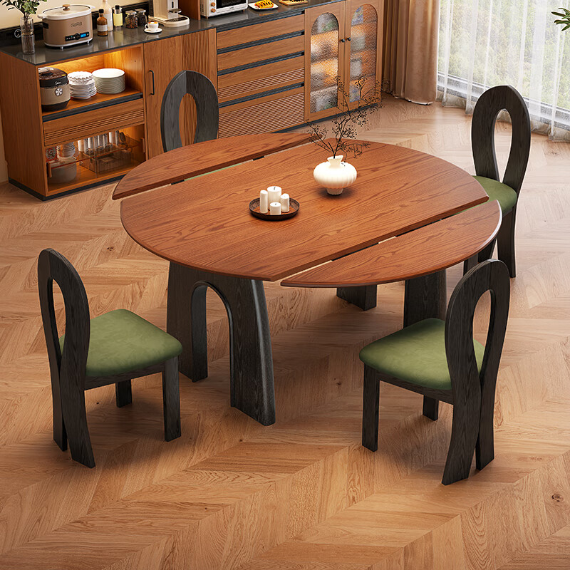 紫文轩法式中古风实木餐桌椅组合家用方圆两用圆桌小户型省空间折叠饭桌 【FAS级白蜡木纹桌面】一桌4灵芝椅 120*76*76cm