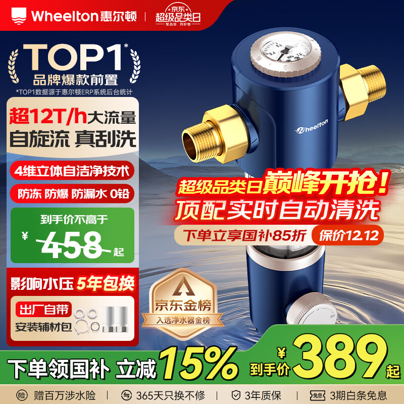 惠尔顿(WHEELTON)前置过滤器反冲洗防爆12T全屋净水器家用大流量自动刮洗清洗滤网防爆抗冻自来水管过滤器p0038pro 自行安装【无需更换滤芯】