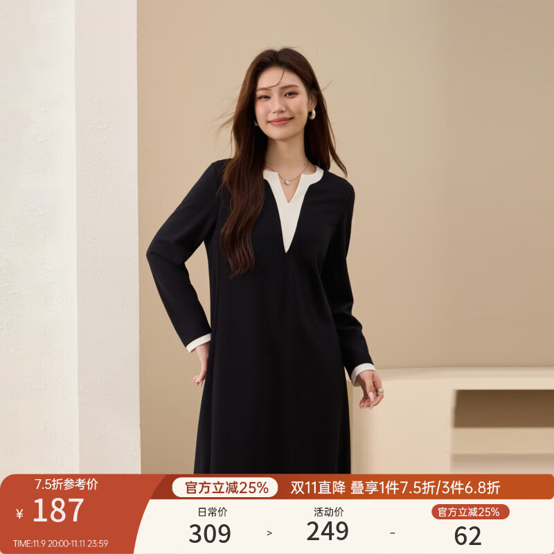 纤莉秀【撞色领口别致连衣裙】大码女装宽松显瘦过膝裙胖mm秋新款3849 黑白色 3XL