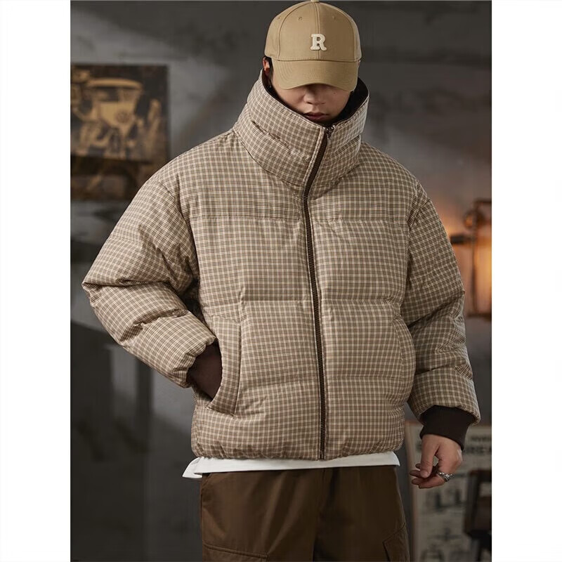 邦约恋人复古格纹翻领90鸭绒羽绒服男2025新款冬季潮牌宽松休闲面包服外套 格子咖 GY7310 3XL 建议体重 181-205斤