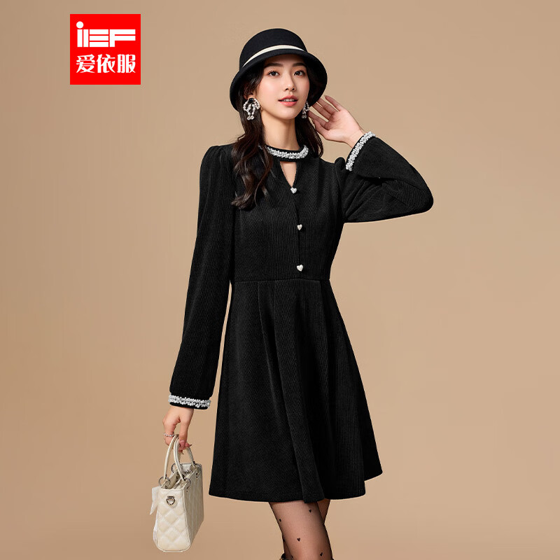 IEF/爱依服小黑裙2025秋冬新款赫本风气质感通勤显瘦设计感连衣裙 黑 S