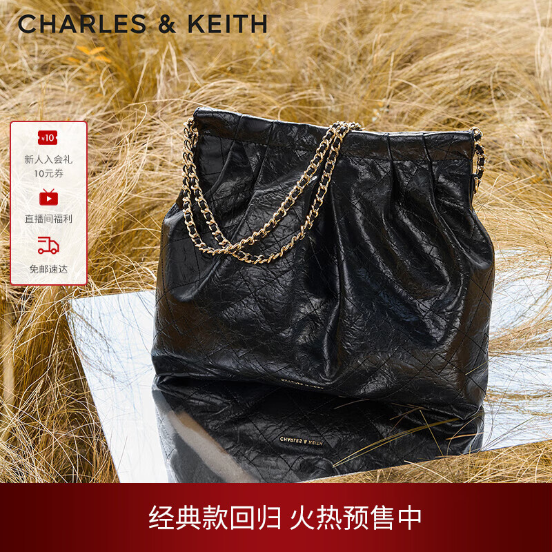 CHARLES&amp;KEITH子母链条大容量流浪包托特包单肩斜挎包女包生日礼物CK2-40671449 【L号】Black黑色 L
