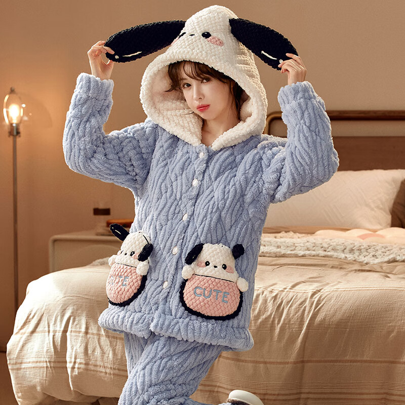 chunnian女士睡衣女冬季保暖珊瑚绒加厚加绒三层夹棉法兰绒带帽家居服套装 XEQN-2385【外套+裤子】 L