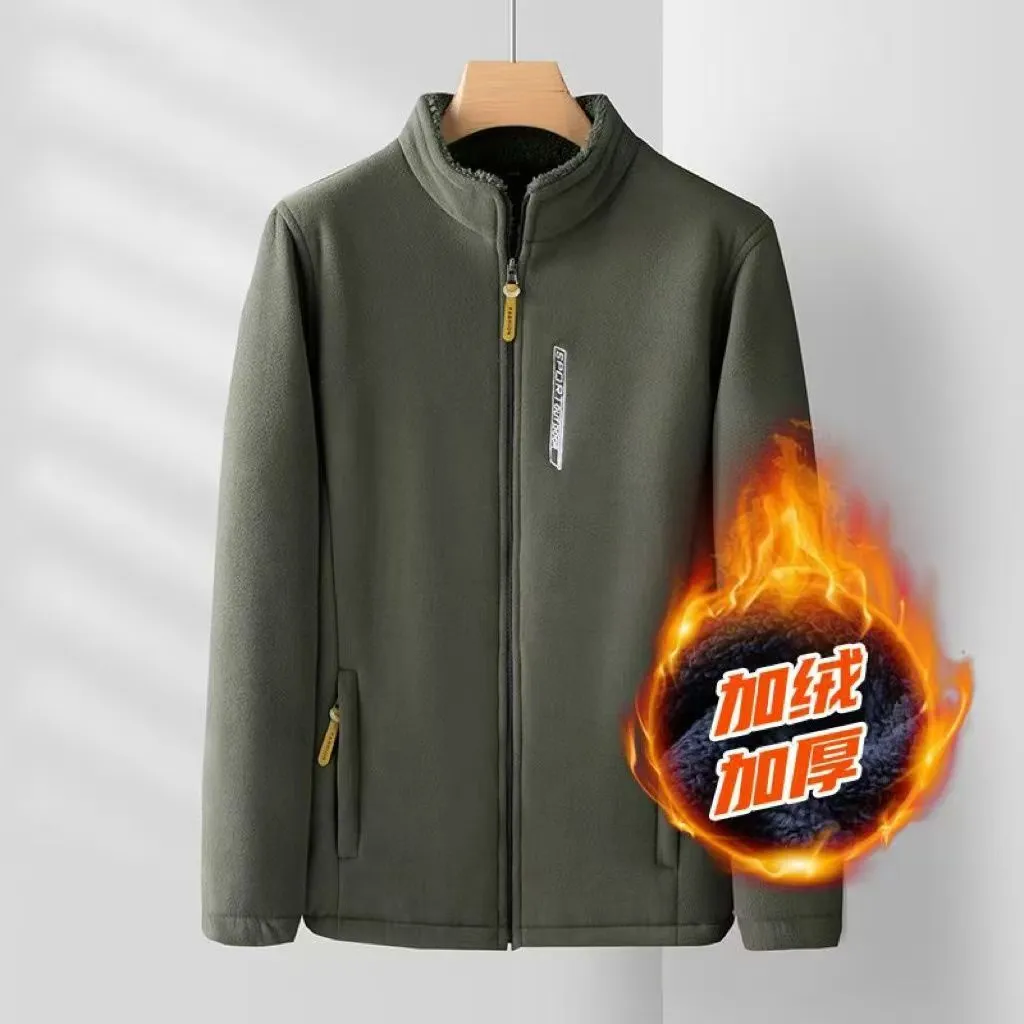 【新款冬装】男士休闲百搭摇粒绒外套中年秋冬加绒加厚款上衣 军绿色 5XL 【建议175-200斤】