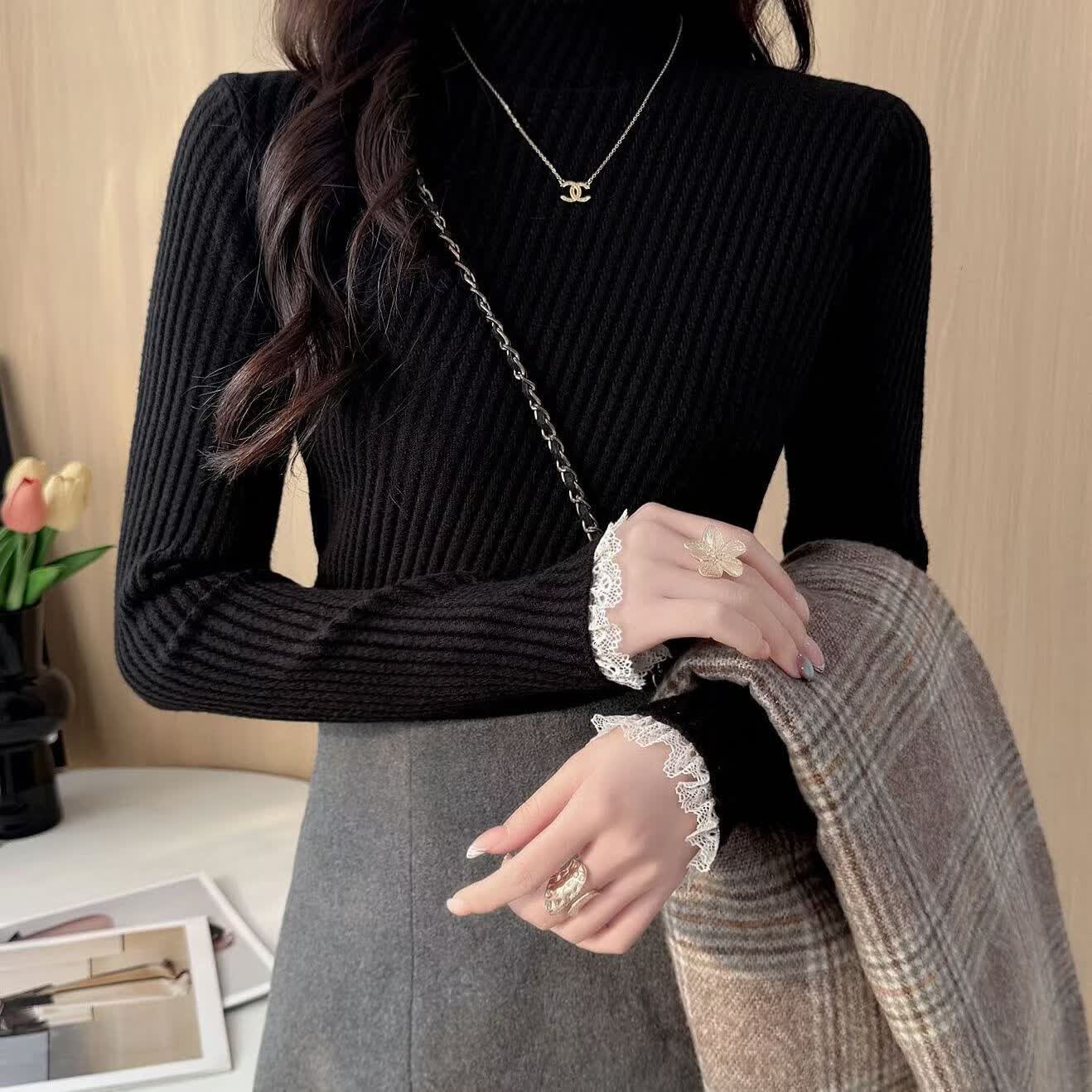 香影芬半高领蕾丝毛衣打底衫内搭女款2025新款穿搭上衣秋冬季白色针织衫 紫色 S (建议95斤以内) 