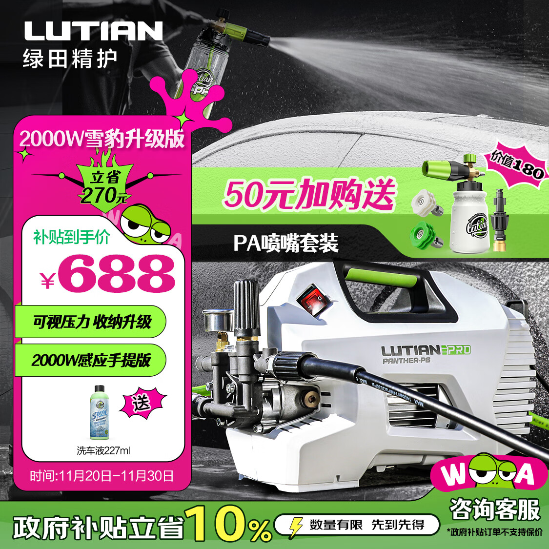 绿田（LUTIAN）家用高压洗车机2000W大功率感应清洗机水泵水枪神器雪豹P6pro