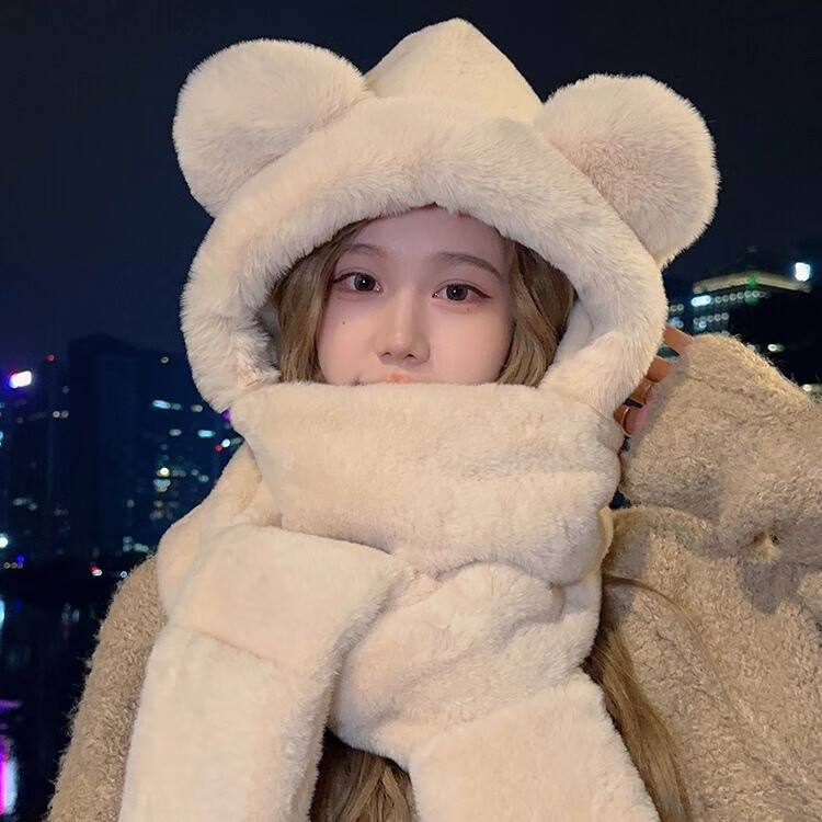 清洁ZC 米色帽子 围巾手套一体帽