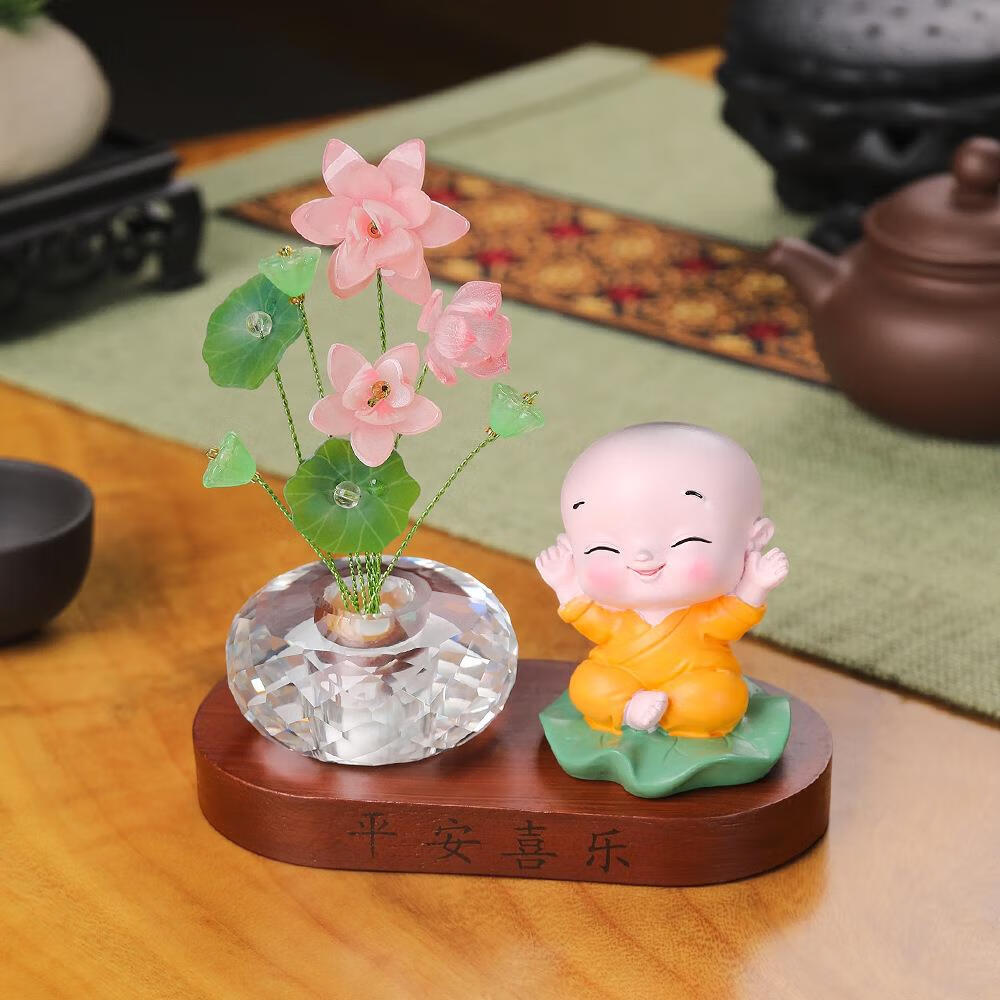 a小和尚 荷叶摆件 仿木底座