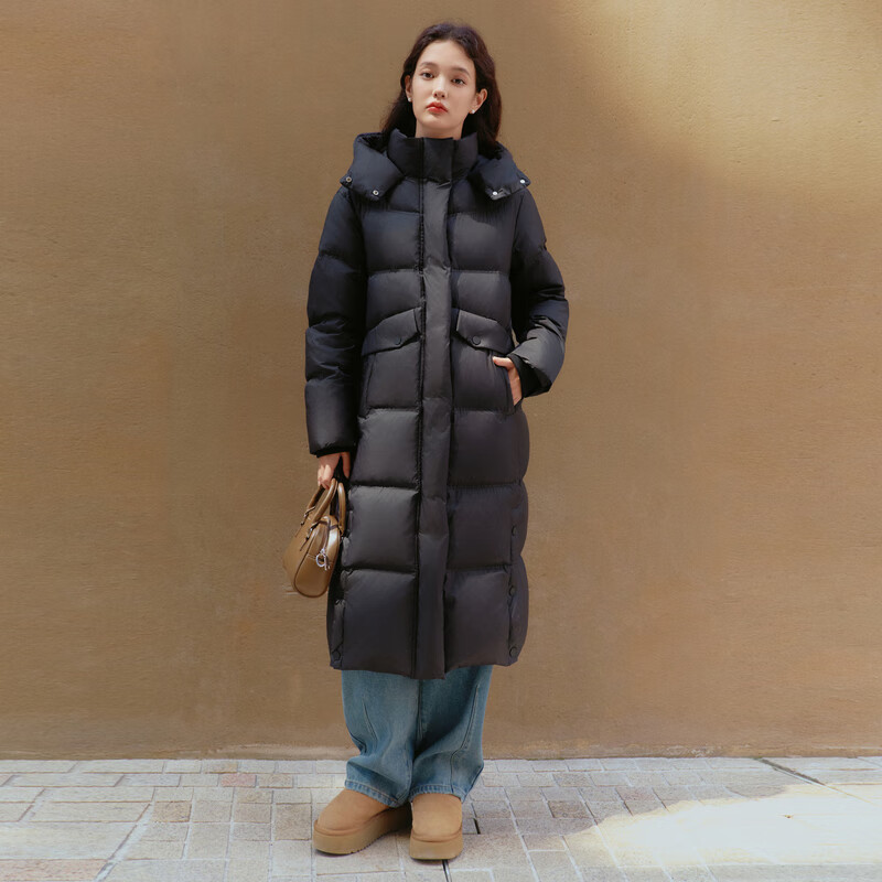 乐町长款面包羽绒服女保暖柔软加厚羽绒御寒外套潮流休闲风 黑色(现货) M