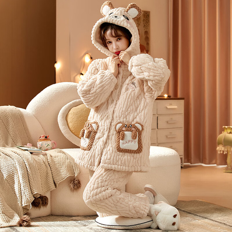 chunnian女士睡衣女冬季保暖珊瑚绒加厚加绒三层夹棉法兰绒带帽家居服套装 XEQN-2381【外套+裤子】 2XL