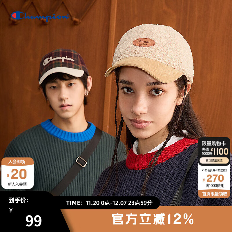 Champion冠军2024冬季新款拼色情侣棒球帽复古格纹仿羊羔绒鸭舌帽 卡其色 均码