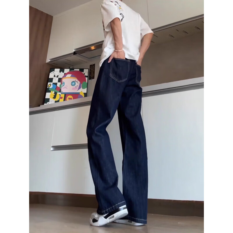 POUM美式复古丹宁风牛仔裤男款秋季潮牌高街cleanfit直筒弯刀微喇长裤 XGNNZ-C653深蓝色 3XL 推荐170-185斤