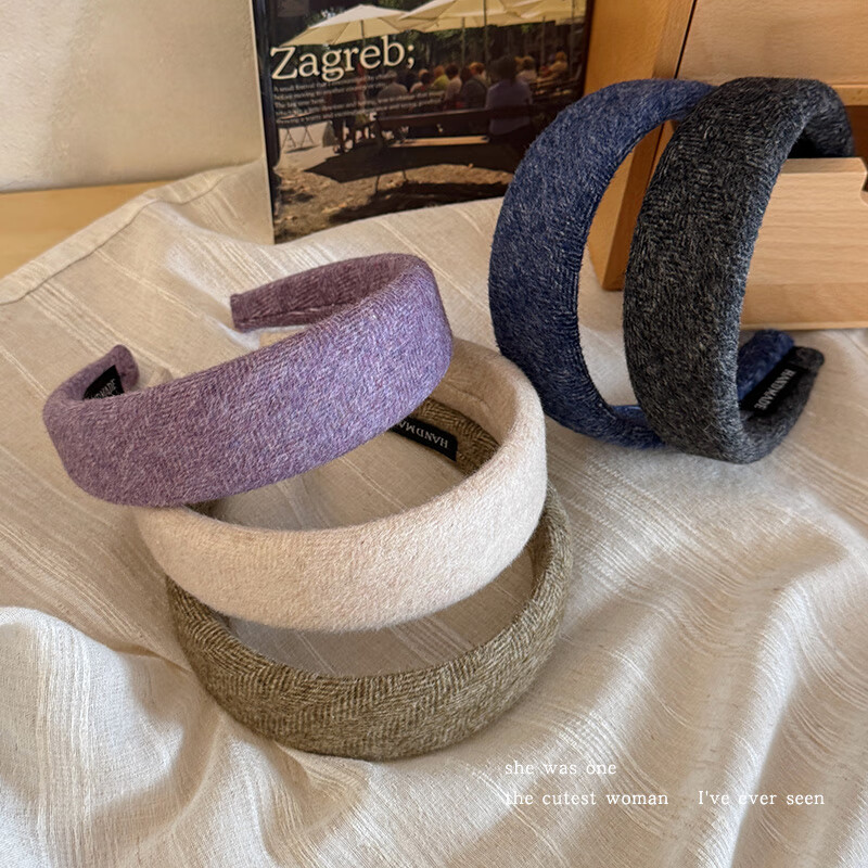 清晨的星星秋冬新款毛呢宽边发箍女款高级感洋气时尚高颅顶头箍外出百搭发卡 紫藤毛呢发箍