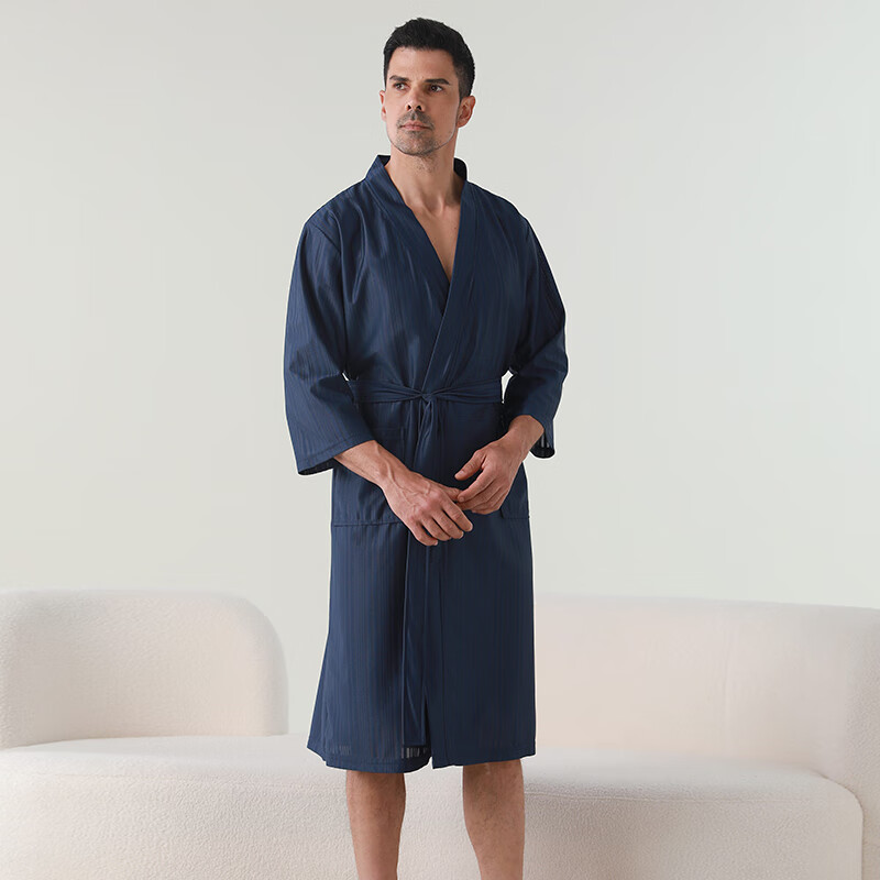赛图蒙 情侣睡袍女春夏季凉感丝男士浴袍浴衣薄款睡衣家居服 2304藏青【男款】 M (150-160CM,80-125斤)