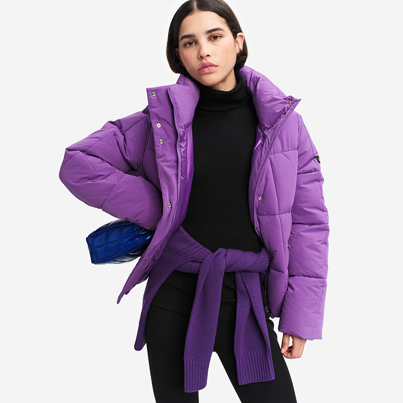 AIGLE艾高女士短款羽絨服 防水保暖可調(diào)節(jié)風(fēng)帽戶外休閑絎縫夾克 棉服 亮紫色 S