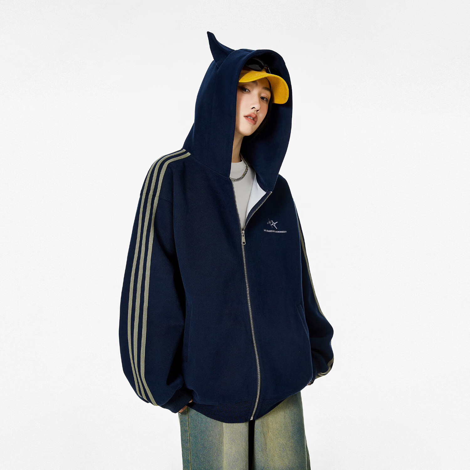 ICH MODE美式复古耳朵连帽开衫外套女春秋新款宽松休闲卫衣上衣 藏青色 S