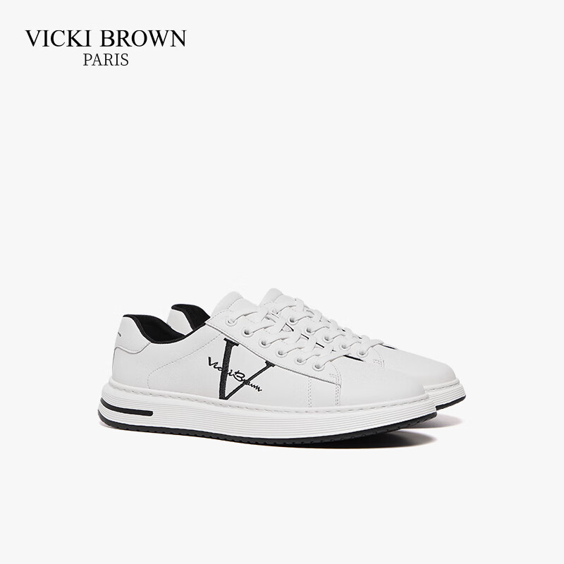 未毕（VICKI BROWN）法国品牌VB男鞋【冠军系列】简约潮流板鞋轻奢刺绣舒适防滑休闲鞋 白黑色 41